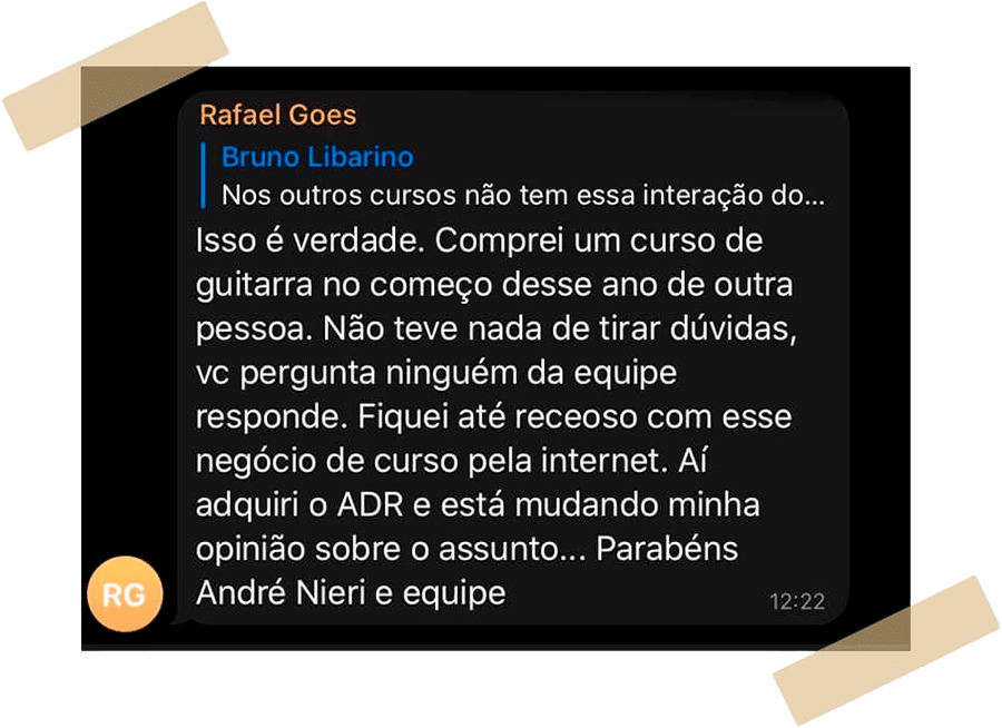 Relato de Rafael Goes sobre suporte e interação nos cursos de Andre Nieri