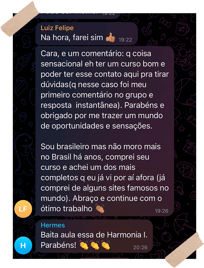 Relato de Luiz Felipe sobre os cursos e o contato no grupo
