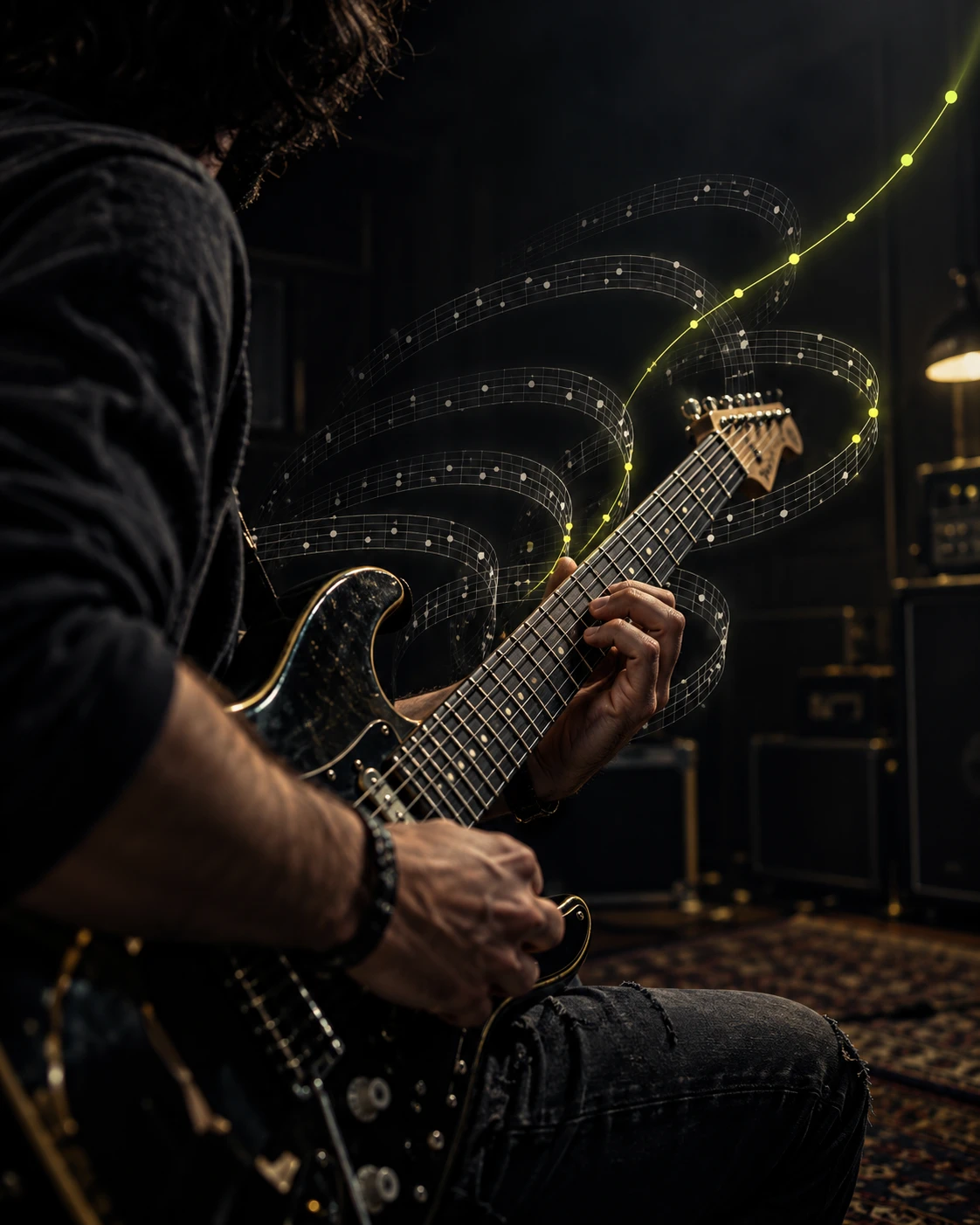 Guitarrista preso a trajetórias repetidas no braço do instrumento, com uma linha verde rompendo o padrão