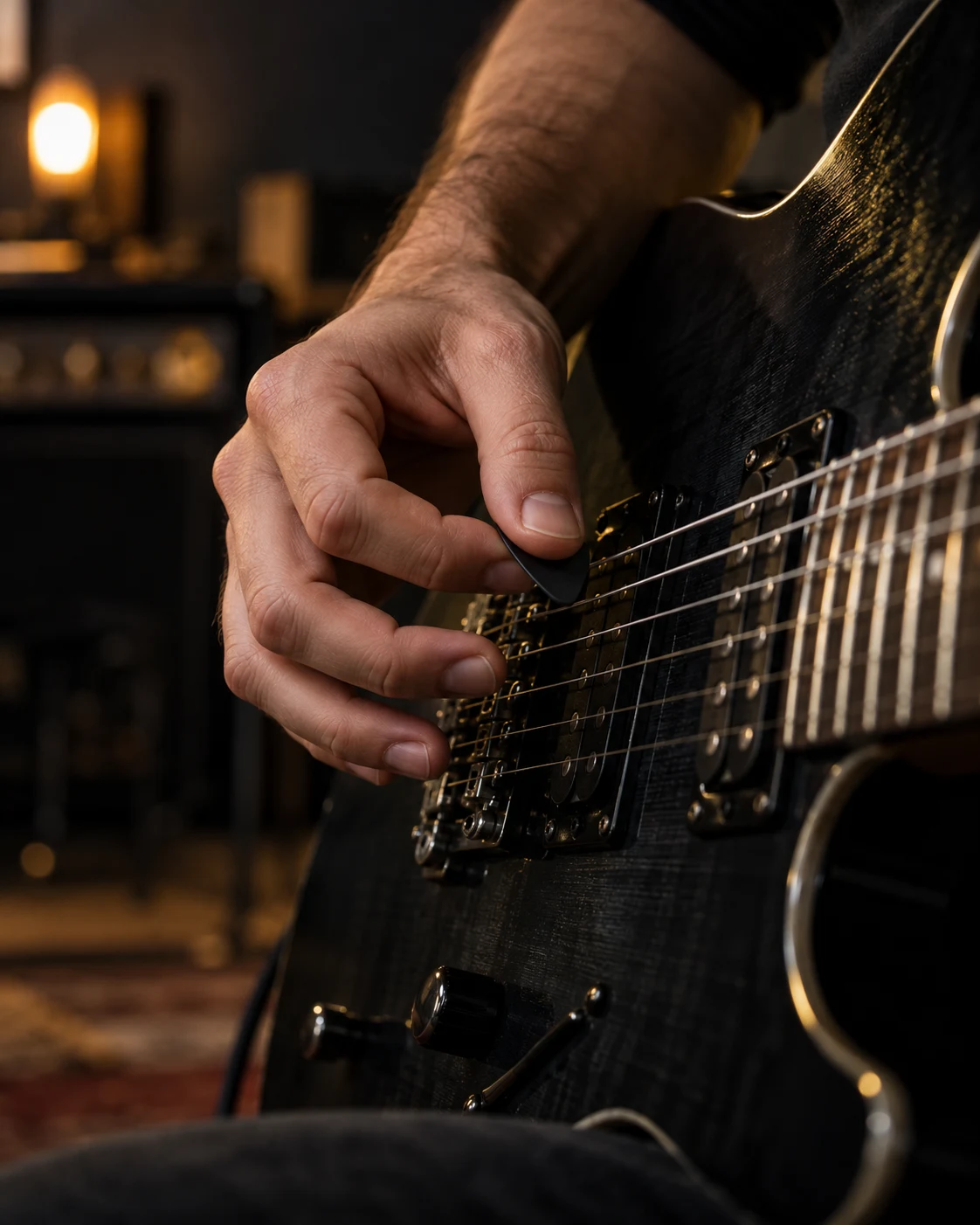 Mão de um guitarrista combinando palheta e dedos sobre as cordas de uma guitarra elétrica